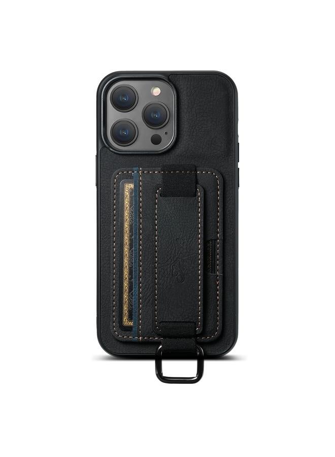 The Bros Case For iPhone 15 Pro H13 Litchi Leather Wrist Strap Wallet Back Phone Case