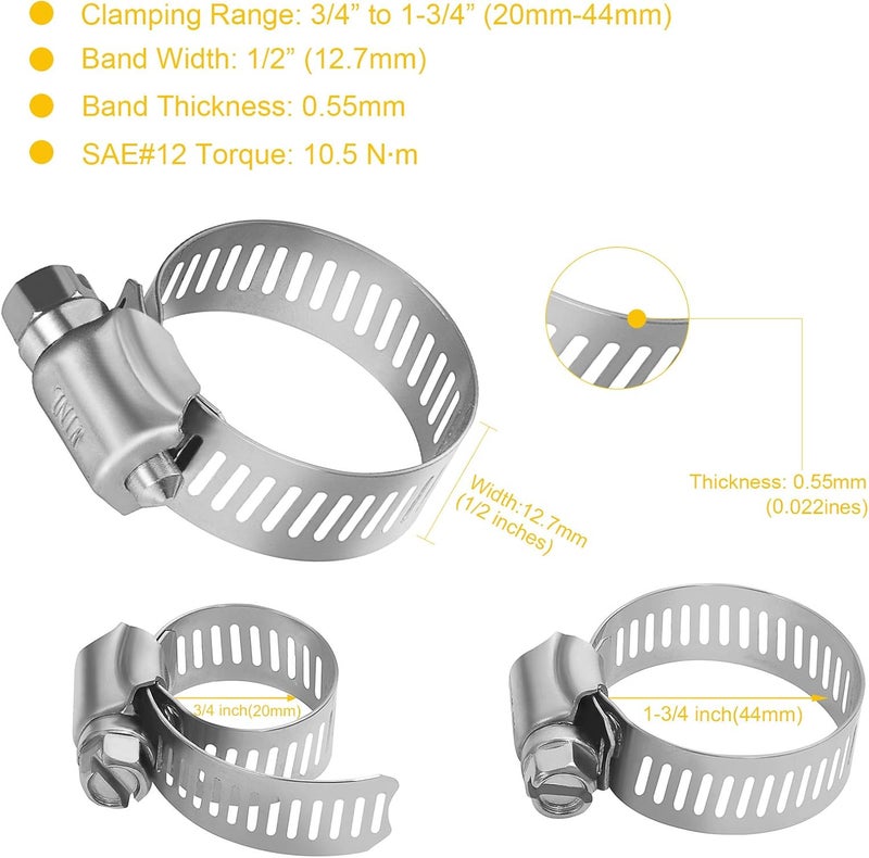 WINL Stainless Steel Hose Clamps - 15 PK Worm Gear Drive Hose Clamps SAE 20 Clamping Range 3/4'' to 1-3/4'' (20mm-44mm) for Automotive Plumbing, 3/4'', 1'', 1 1/4'', 1 1/2'' - Image 3