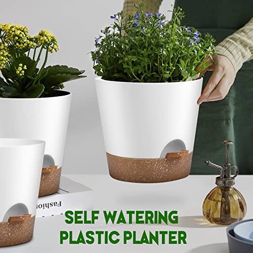 YNNICO Indoor Outdoor Plant Pots- Self Watering Planters with Drainage Holes and Saucers, 9,8, 7.5 Inches, 3 Pots (Snow) - Image 5