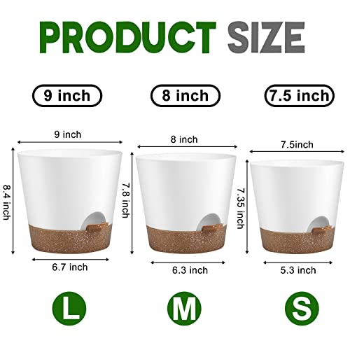 YNNICO Indoor Outdoor Plant Pots- Self Watering Planters with Drainage Holes and Saucers, 9,8, 7.5 Inches, 3 Pots (Snow) - Image 2