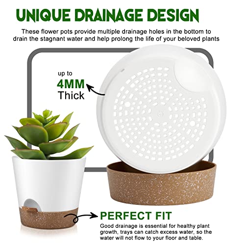 YNNICO Indoor Outdoor Plant Pots- Self Watering Planters with Drainage Holes and Saucers, 9,8, 7.5 Inches, 3 Pots (Snow) - Image 3