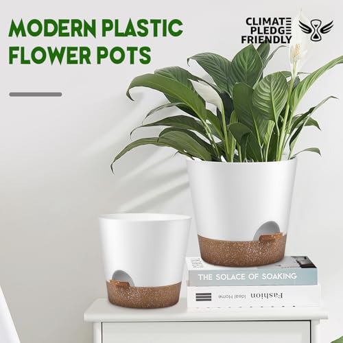 YNNICO Indoor Outdoor Plant Pots- Self Watering Planters with Drainage Holes and Saucers, 9,8, 7.5 Inches, 3 Pots (Snow) - Image 4
