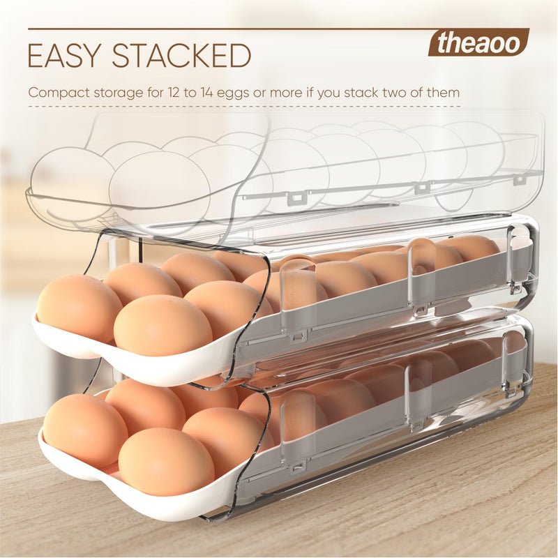 theaoo Egg Holder for Fridge, Automatic Rolling Egg Container for Refrigerator, Clear Plastic Egg Dispenser, Stackable Eggs Organizer with Quick Removable inner Tray For Organizers and Storage, 1 Pack - Image 5