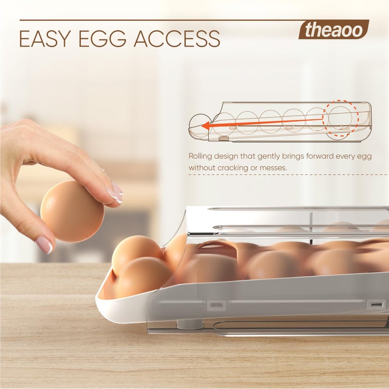 theaoo Egg Holder for Fridge, Automatic Rolling Egg Container for Refrigerator, Clear Plastic Egg Dispenser, Stackable Eggs Organizer with Quick Removable inner Tray For Organizers and Storage, 1 Pack - Image 2