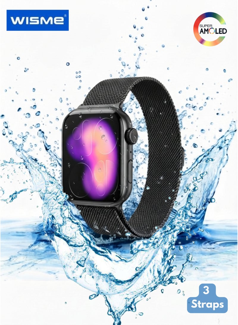 Wisme X65 Smart Watch with 3 Interchangeable Straps (1 Magnetic Metal Mesh + 2 Silicone), Super AMOLED Display, Bluetooth Calling, Health & Fitness Manager, Heart Rate & Blood Oxygen Monitor, Sleep Tracker, Multi Sports Modes, Waterproof Smartwatch, Smart Notifications, Long Battery Life, Compatible with Android & iPhone Black - Image 1
