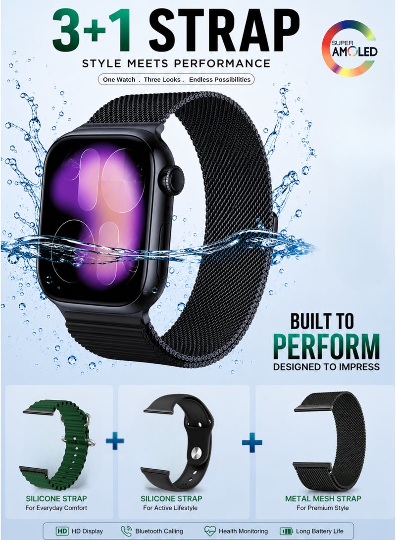 Wisme X65 Smart Watch with 3 Interchangeable Straps (1 Magnetic Metal Mesh + 2 Silicone), Super AMOLED Display, Bluetooth Calling, Health & Fitness Manager, Heart Rate & Blood Oxygen Monitor, Sleep Tracker, Multi Sports Modes, Waterproof Smartwatch, Smart Notifications, Long Battery Life, Compatible with Android & iPhone Black - Image 2