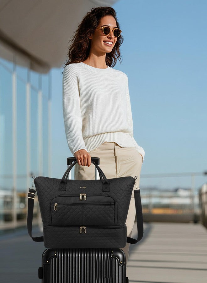HOTOR Travel Duffle Bag for Women - Carry on Bag with Toiletry Pouch & Shoe Compartment, Large Overnight Weekender Bags for Gym, Business Trips, Sports and Hospital, Black, 17.3" x 7.9" x 13.4" - Image 2