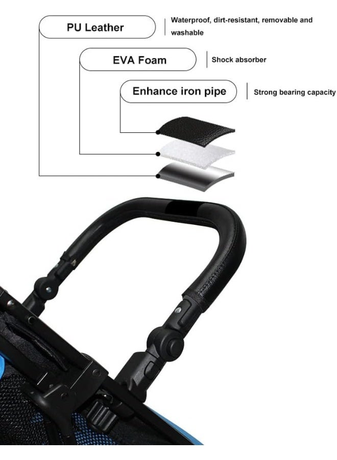 ROMIRUS Universal Baby Stroller Bumper Bar, Armrest Handle Crossbar, Black PU Leather - Image 2