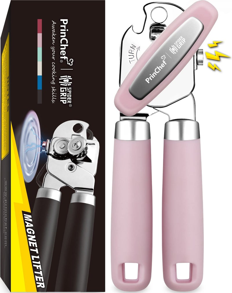 PrinChef Can Opener Manual Can Tin Bottle Opener with Magnet  NoTroubleLidLift Handheld Can Opener Smooth Edge with Sharp Blade Heavy Duty and Easy to Use for Seniors with Arthritis Pink