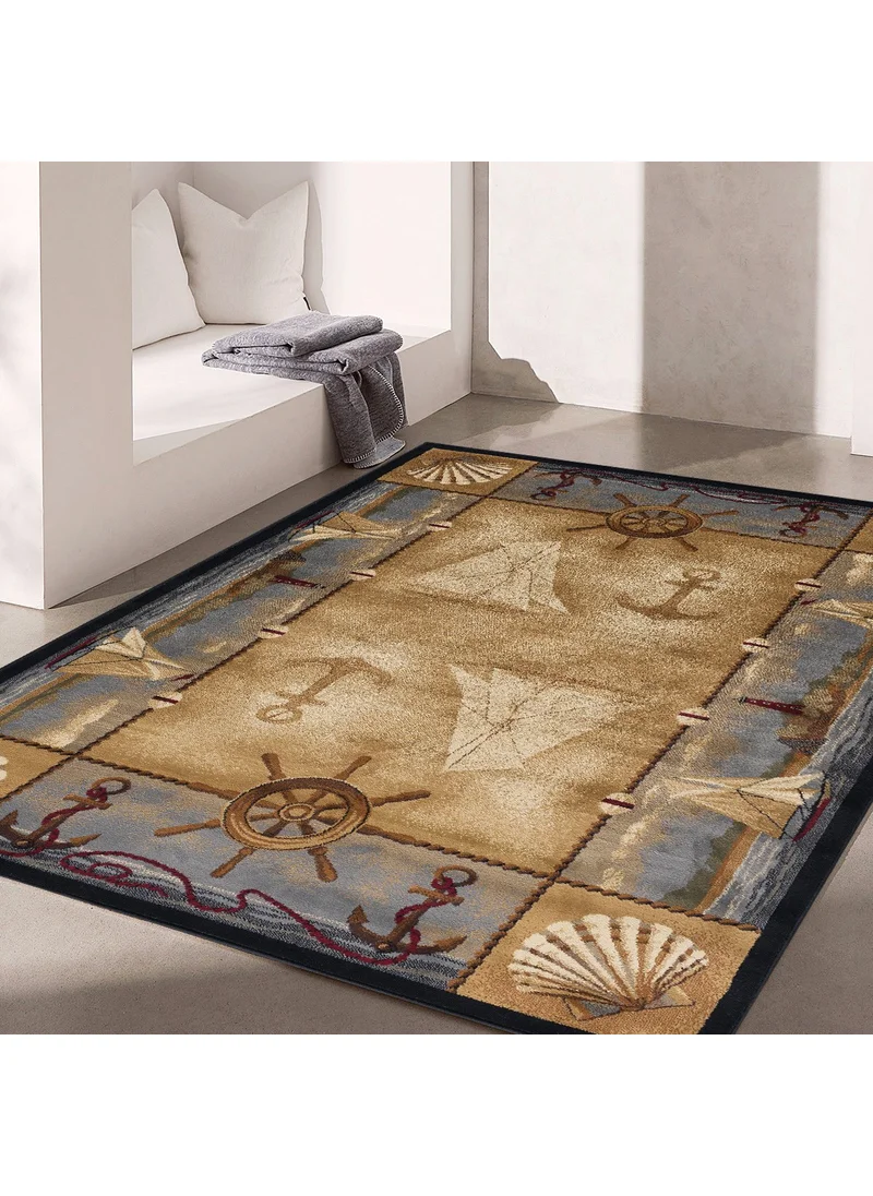 Vagonik Wagonic Sea Boat and Anchor Patterned Digital Printed Carpet Non-Slip Based Washable Carpet