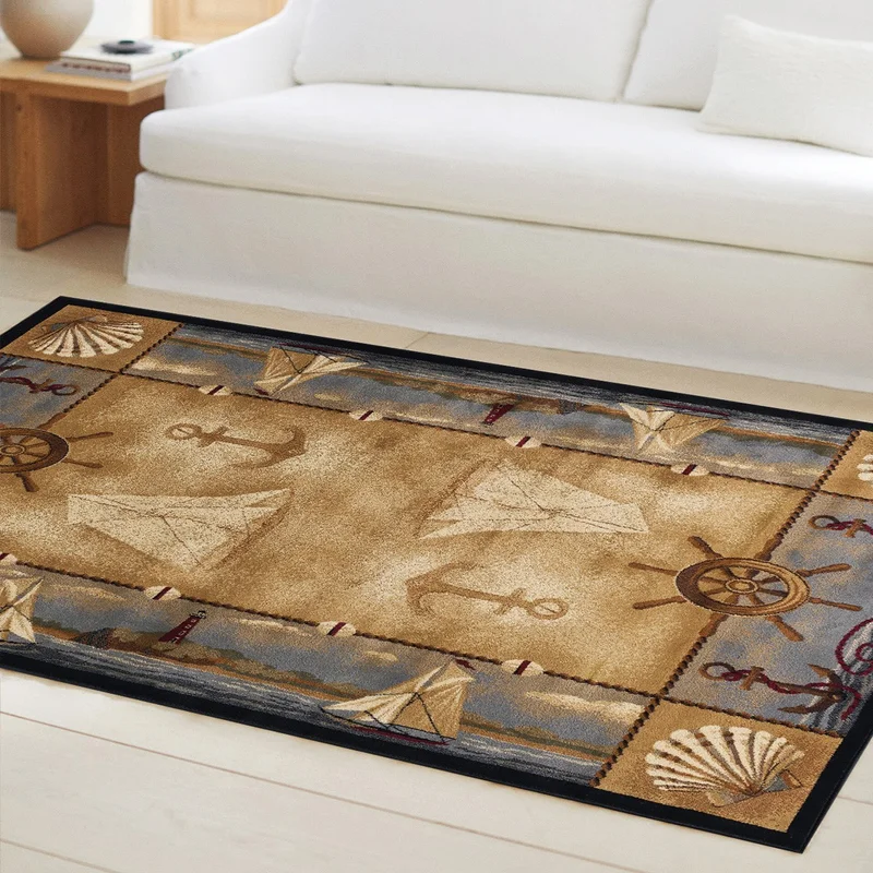 Vagonik Wagonic Sea Boat and Anchor Patterned Digital Printed Carpet Non-Slip Based Washable Carpet