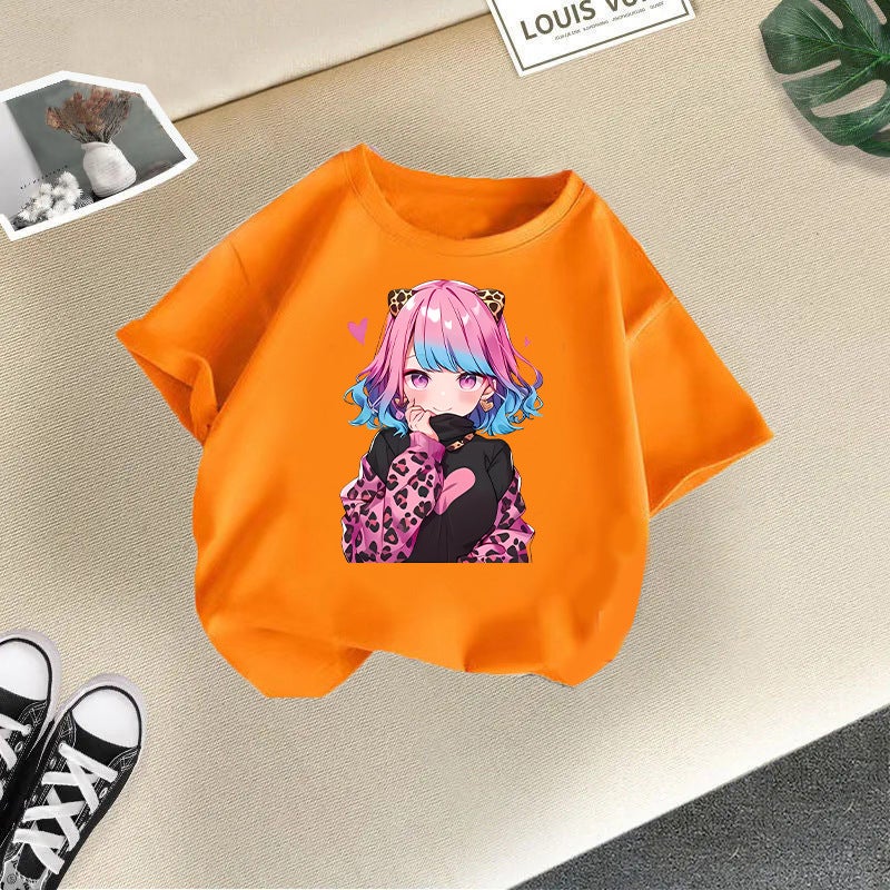 Children'S T-Shirt For Girls, Short-Sleeved Cotton, 2026 New Style, Stylish Cartoon Print Top For Girls, Korean Style Children'S Clothing Trend - Image 1