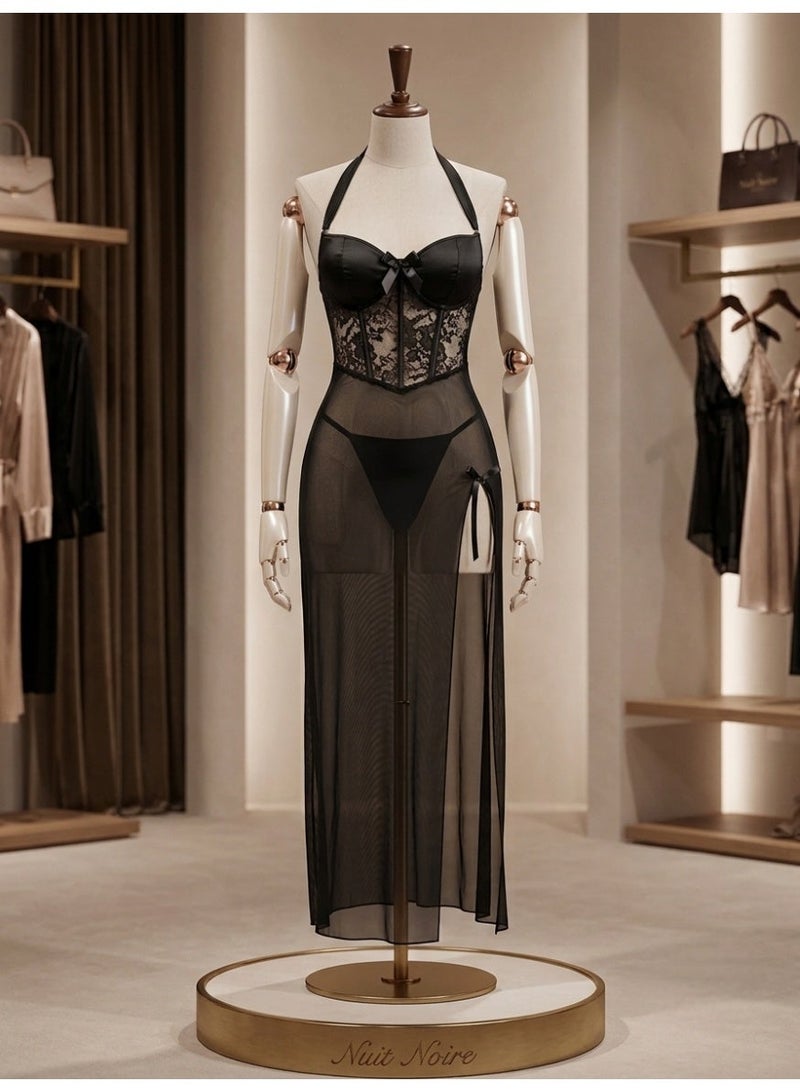 Women's Sheer Mesh Dress with Sweetheart Neckline, Halter Neck, Open Back, High Side Slit, Stretch Baronet Lycra Fabric, Bodycon Fit, Lightweight Comfortable Design, One Size Fits Up to 75 KG, Black - Image 1
