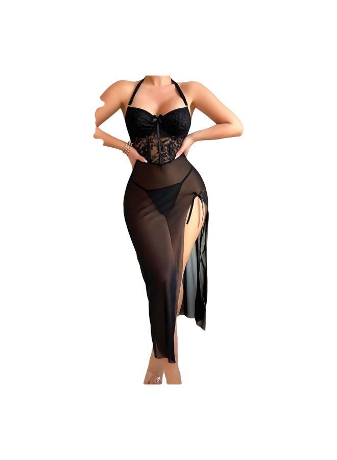Women's Sheer Mesh Dress with Sweetheart Neckline, Halter Neck, Open Back, High Side Slit, Stretch Baronet Lycra Fabric, Bodycon Fit, Lightweight Comfortable Design, One Size Fits Up to 75 KG, Black - Image 2