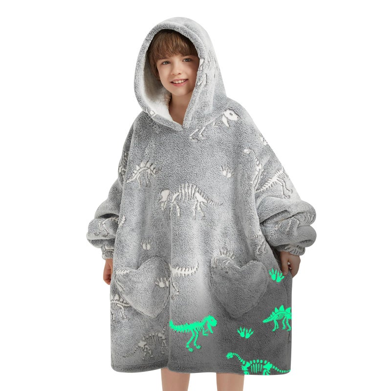 Fiosnow Glow in the Dark Dinosaur Fossil Blanket Hoodies for Kids 6-13YR Oversize Wearable Blanket Hoodies for Boys Girls Teens - Image 1
