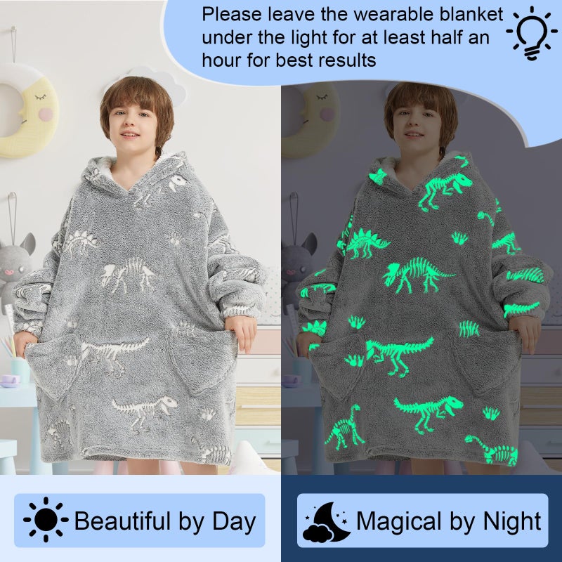 Fiosnow Glow in the Dark Dinosaur Fossil Blanket Hoodies for Kids 6-13YR Oversize Wearable Blanket Hoodies for Boys Girls Teens - Image 2