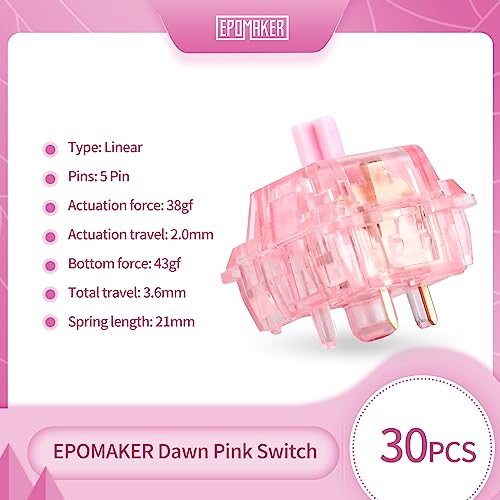 EPOMAKER Dawn Pink 38gf Linear Mechanical Keyboard Switch, 5 Pins Switch Set with POM Stem, Translucent PC Housing, 30 Pieces, for Gaming DIY Keyboard - Image 2