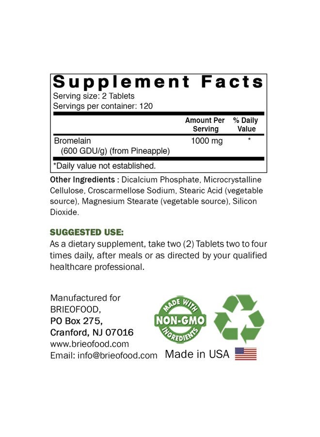 Brieofood Bromelain 1000mg per Serving 240 Tablets - Proteolytic Digestive Enzyme - Supports Healthy Digestion, Joint Health, Nutrient Absorption - Image 2
