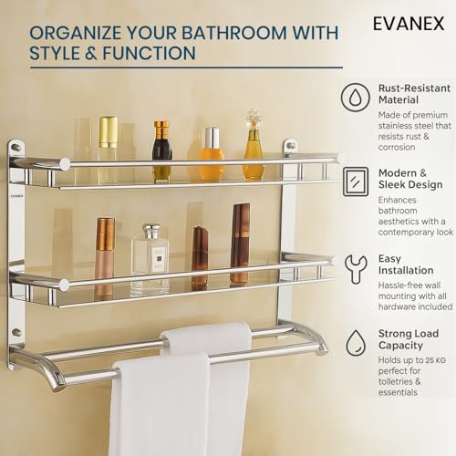 EVANEX 3-Layer Bathroom Shelf | 304 Grade Stainless Steel Bathroom Organizer Racks | Bathroom Storage Shelf | Towel Bar | Wall Mount Multi-Purpose Shelf | Bathroom Accessories Set - Image 2