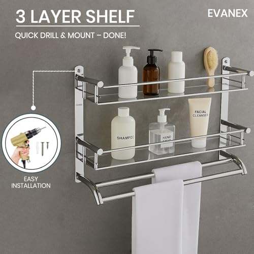 EVANEX 3-Layer Bathroom Shelf | 304 Grade Stainless Steel Bathroom Organizer Racks | Bathroom Storage Shelf | Towel Bar | Wall Mount Multi-Purpose Shelf | Bathroom Accessories Set - Image 4