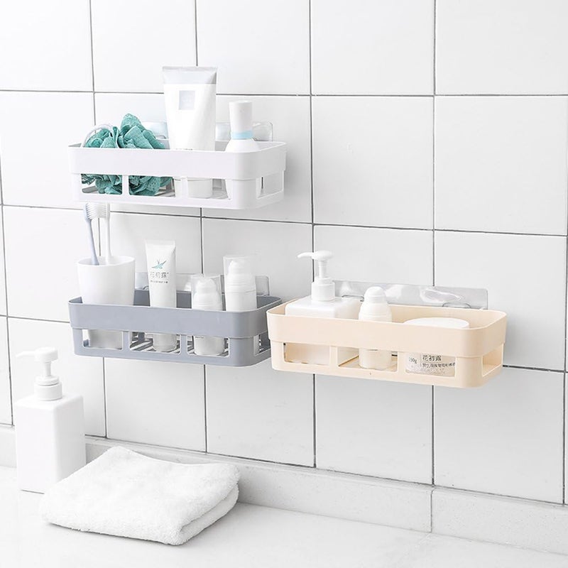 AUDBUA Plastic Storage Shelf Wall Mounted Adhesive Shower Basket Storage Shelf Organizer for Home Bathroom (26106cm)(White) - Image 1