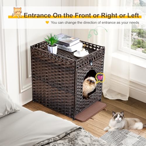 Snughome Cat Litter Box Enclosure Furniture Hidden with Litter Mat, Hidden Cat Washroom Furniture with Door, Handwoven Rattan Cat Washroom Box, Indoor Pet House for Living Room, Bedroom (Brown) - Image 3