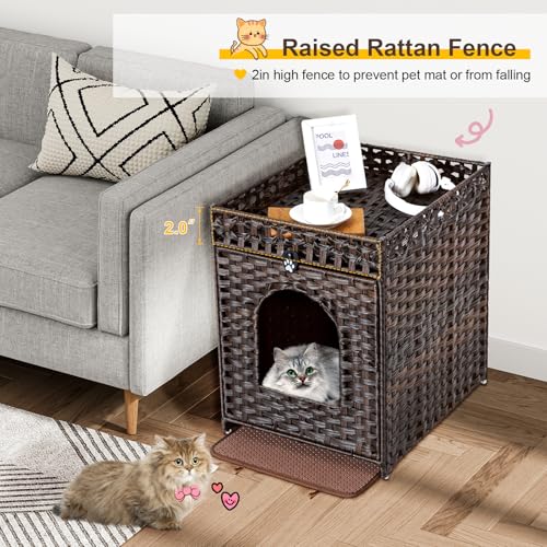 Snughome Cat Litter Box Enclosure Furniture Hidden with Litter Mat, Hidden Cat Washroom Furniture with Door, Handwoven Rattan Cat Washroom Box, Indoor Pet House for Living Room, Bedroom (Brown) - Image 2