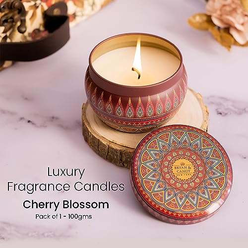 BRYAN  CANDY Bryan & Candy Scented Candles Gift Set for Women & Men, Cherry Blossom Aromatherapy Candles, 100gm Soy Wax Eco Friendly Printed Tin - Image 2