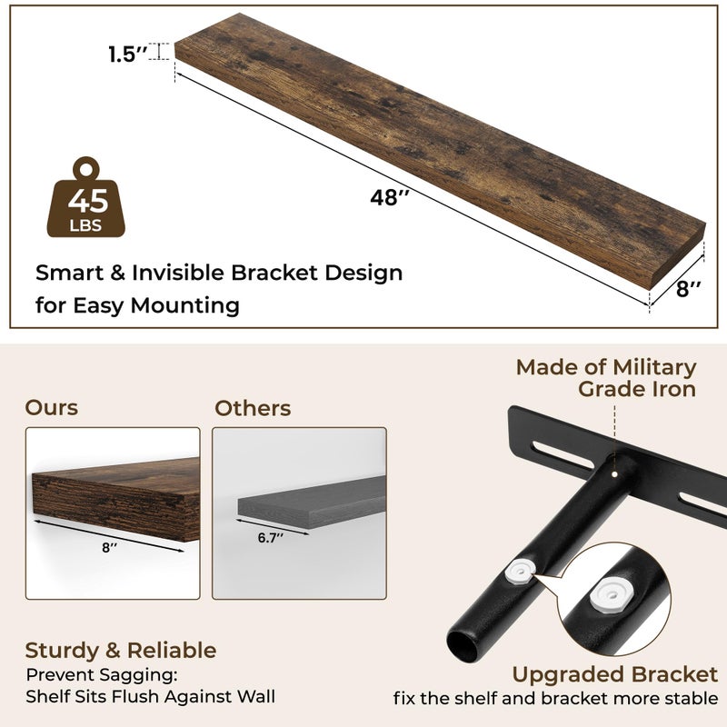 RICHFOCUS 48Inch Floating Shelves for Wall 2 Pack Shelves for Bedroom|Kitchen|Bathroom Wall Mounted Rustic Wood Floating Shelf with Invisible Brackets for Books|Storage|Decor, Rustic Brown - Image 4