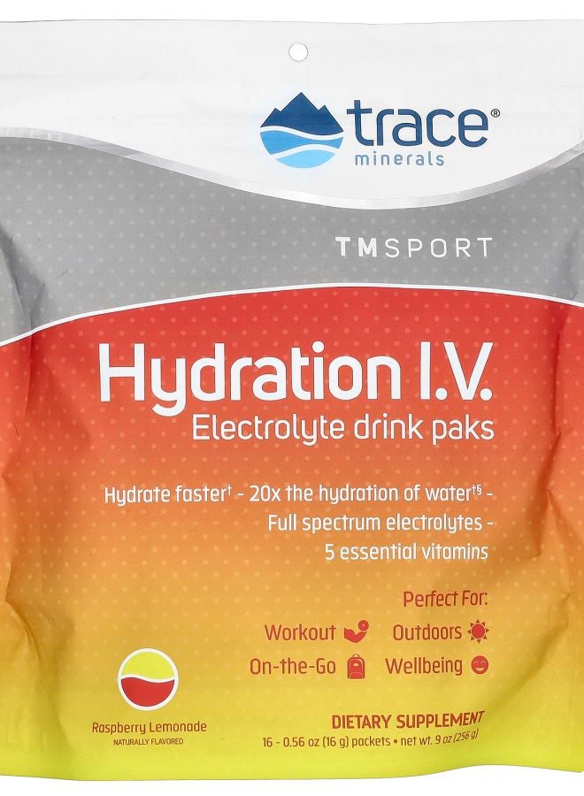 Trace Minerals TMSport Hydration I.V. Electrolyte Drink Paks Raspberry Lemonade 16 Packets 0.56 oz (16 g) Each