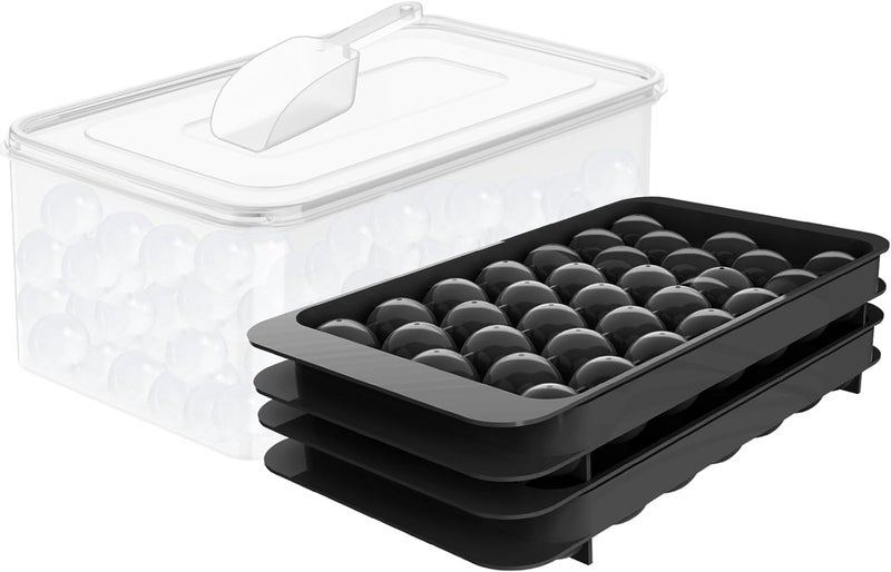 HZYH Round Ice Cube Tray with Lid & Bin Ice Ball Maker Mold for Freezer with Container Mini Circle Ice Cube Tray Making 66PCS 1" Sphere Ice Chilling Cocktail Whiskey Tea Coffee - Image 1