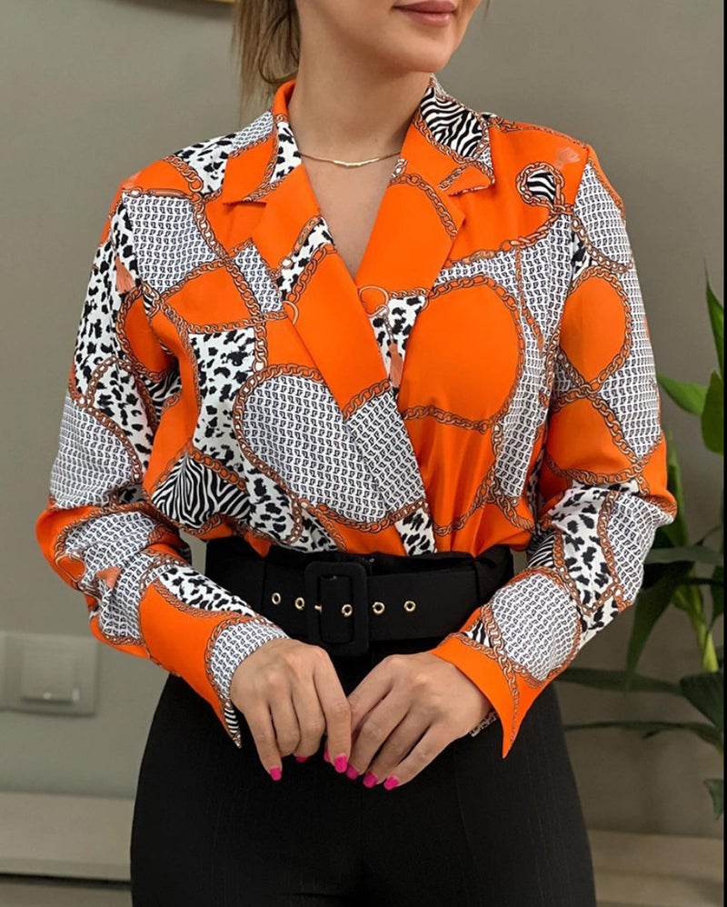 Long Sleeve V-Neck Pullover Printed Blouse Casual Shirt for Women - Image 2