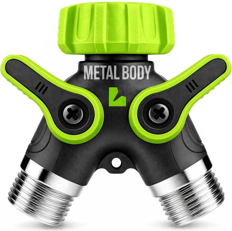Craft911 LIME 2 Way Hose Splitter Heavy Duty - Metal Y Garden Hose Splitter with Shutoff Valves, Brass Outdoor Faucet Adapter for Spigot, 3/4 Inch GHT Water Hose Connector - Image 1
