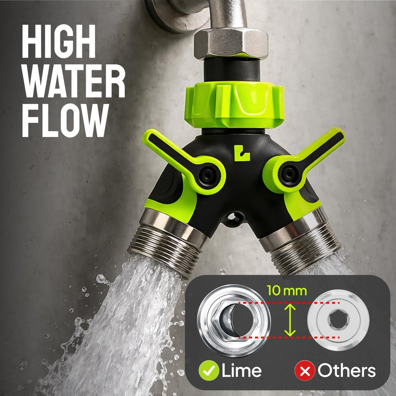 Craft911 LIME 2 Way Hose Splitter Heavy Duty - Metal Y Garden Hose Splitter with Shutoff Valves, Brass Outdoor Faucet Adapter for Spigot, 3/4 Inch GHT Water Hose Connector - Image 3