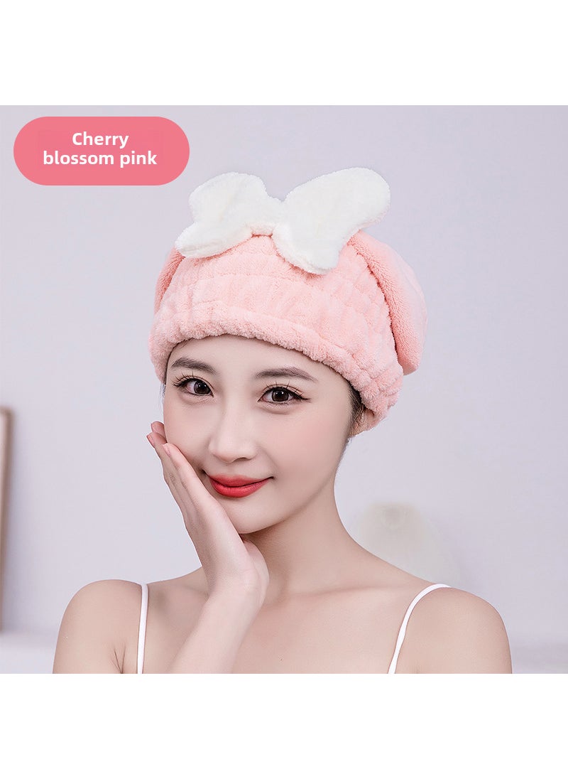 Generic Coral Fleece Butterfly Knot Quick-Dry Hair Drying Cap Sakura Powder 