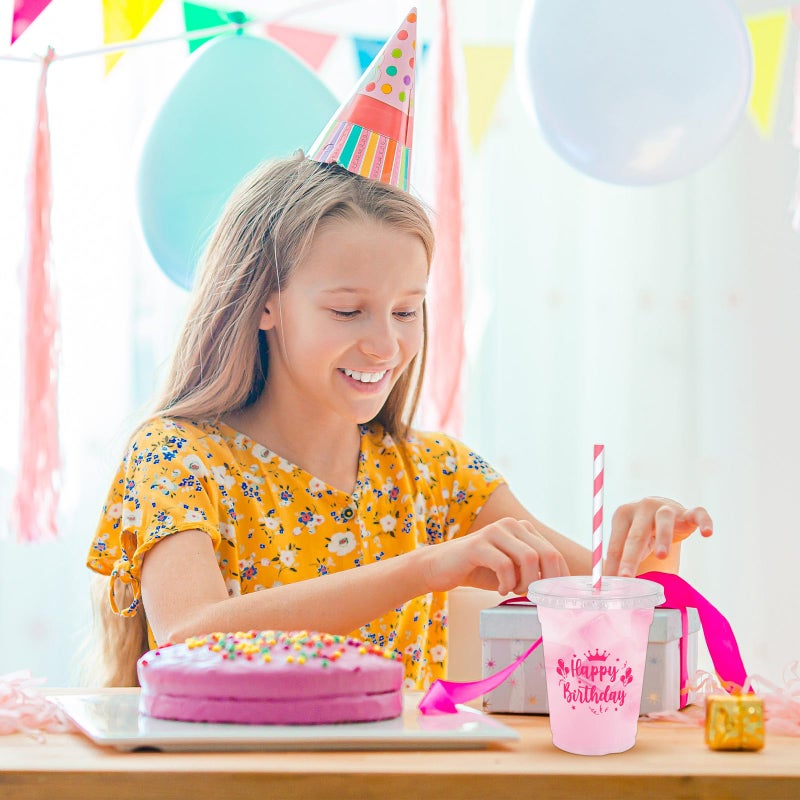Whaline 50Pcs 12Oz Happy Birthday Disposable Plastic Cups with Lids and Straws Hot Pink Cold Beverage Drinking Cups for Home Kitchen Birthday Party Supplies - Image 5