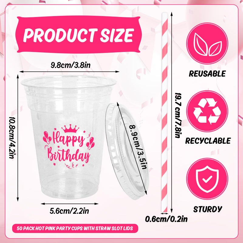 Whaline 50Pcs 12Oz Happy Birthday Disposable Plastic Cups with Lids and Straws Hot Pink Cold Beverage Drinking Cups for Home Kitchen Birthday Party Supplies - Image 2