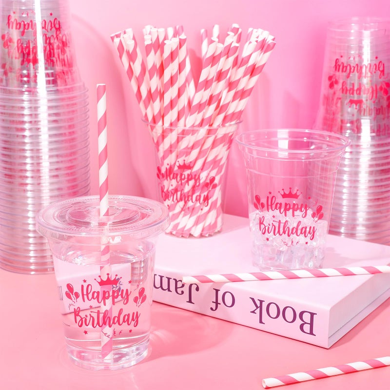 Whaline 50Pcs 12Oz Happy Birthday Disposable Plastic Cups with Lids and Straws Hot Pink Cold Beverage Drinking Cups for Home Kitchen Birthday Party Supplies - Image 4
