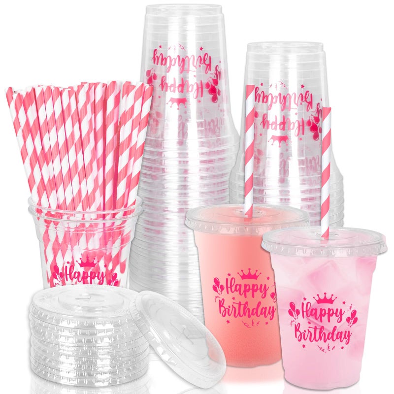 Whaline 50Pcs 12Oz Happy Birthday Disposable Plastic Cups with Lids and Straws Hot Pink Cold Beverage Drinking Cups for Home Kitchen Birthday Party Supplies - Image 1