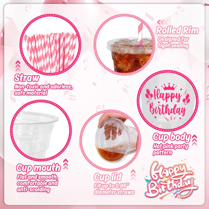 Whaline 50Pcs 12Oz Happy Birthday Disposable Plastic Cups with Lids and Straws Hot Pink Cold Beverage Drinking Cups for Home Kitchen Birthday Party Supplies - Image 3