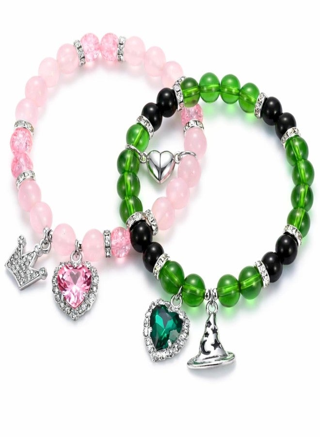 TLOEP Wicked Merch Friendship Bracelets Set, 2Pcs Stretchy Green & Pink Heart Matching Bracelets for Women, Musical-Themed Accessories - Image 1