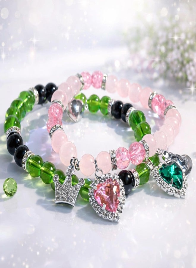 TLOEP Wicked Merch Friendship Bracelets Set, 2Pcs Stretchy Green & Pink Heart Matching Bracelets for Women, Musical-Themed Accessories - Image 2