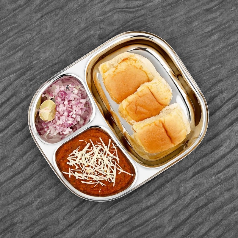 Vinod Stainless Steel 3 Compartment PlatePav Bhaji PlatesIdli Sambhar Breakfast PlateSteel Plates for LunchDinner Pack of 2 - Image 2