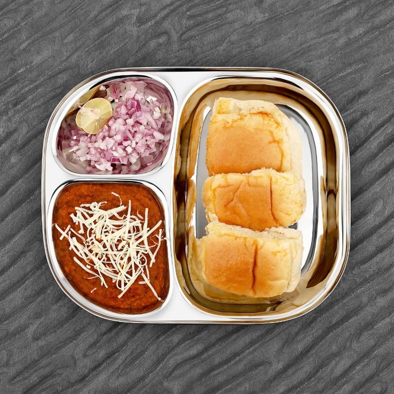 Vinod Stainless Steel 3 Compartment PlatePav Bhaji PlatesIdli Sambhar Breakfast PlateSteel Plates for LunchDinner Pack of 2 - Image 1
