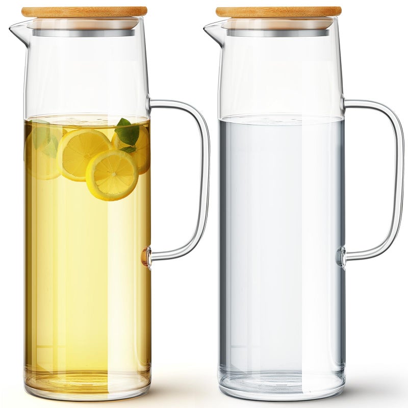 Hsei 2 Sets Glass Pitcher with Lid 50 oz  1500 ml Water Carafe with Handles Hot Cold Beverage Water Jar Glass Jug for Tea Juice Milk Coffee Iced Beverage