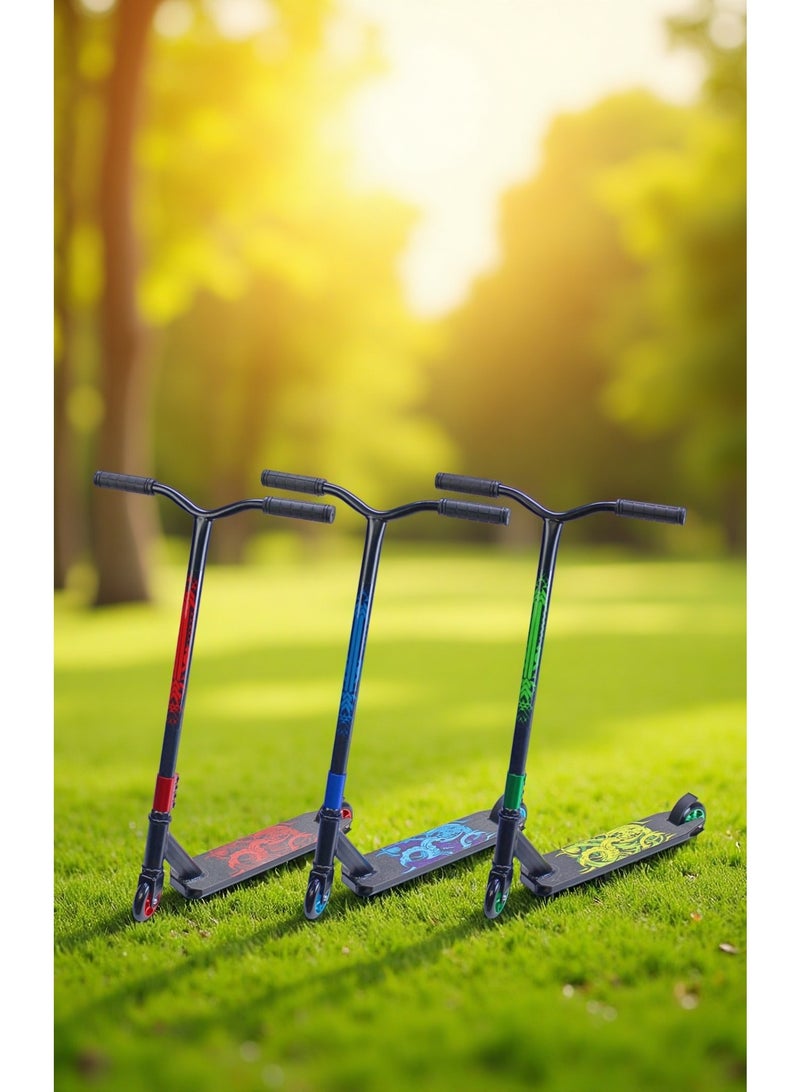 إيزي فيتشور سكوتر حركات بهلوانية بعجلتين من إيزي فيوتشر - سكوتر حركات بهلوانية احترافي بسطح من الألومنيوم وشريط تثبيت، وعجلات معدنية 110 مم، ومقود عريض على شكل حرف T، وفرامل فولاذية، وحركات بهلوانية خفيفة الوزن بزاوية 360 درجة للمبتدئين والمتوسطين - Image 4