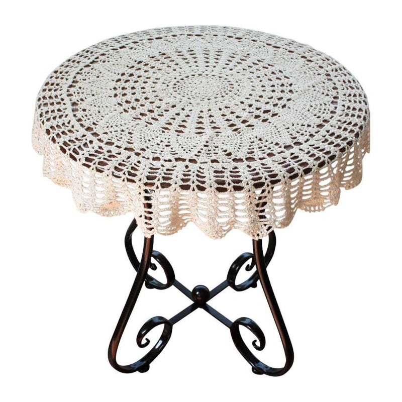 USTIDE 48inch Handmade Crochet Cotton Tablecloth Round Beige Crochet Tablecloths for Wedding