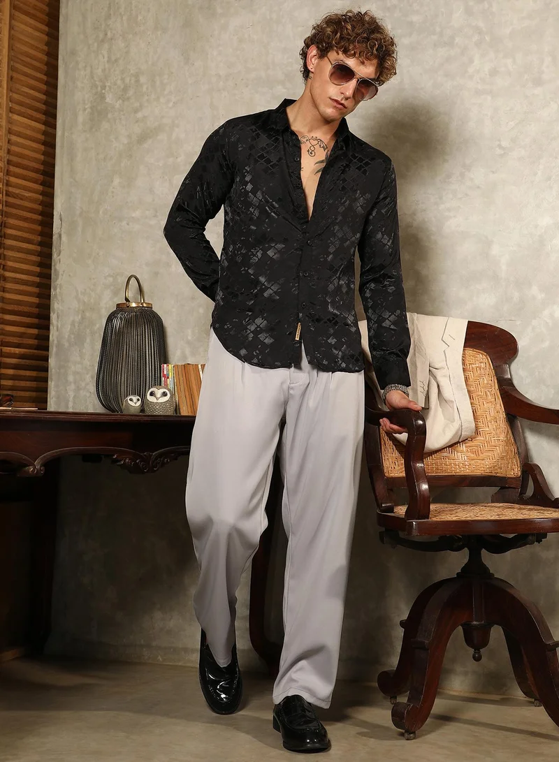 Campus Sutra Campus Sutra Men's Onyx Black Noir-Cubic Textured Shirt For Casual Wear | Spread Collar | Long Cuffed Sleeves | Button Closure | Shirt Crafted With Comfort Fit For Everyday Wear