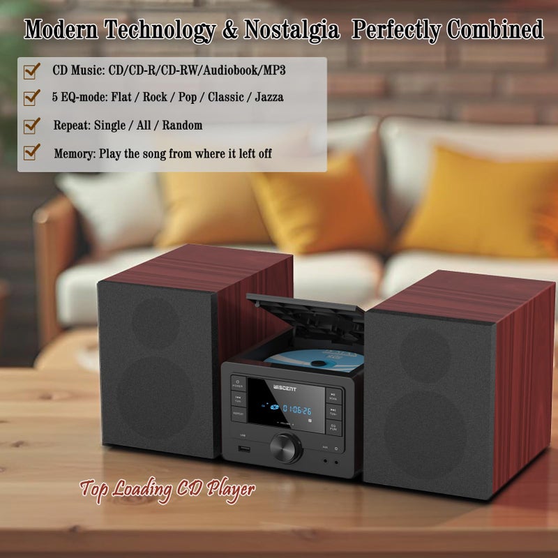 WISCENT Bluetooth Stereo System 40W for Home, CD Player with Wireless Streaming, MP3/USB/Audio in/FM Radio, Powerful Home Audio Sound System - Image 3