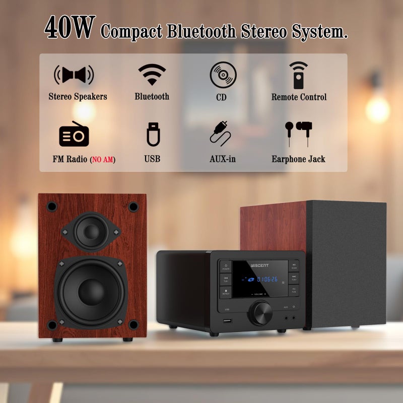 WISCENT Bluetooth Stereo System 40W for Home, CD Player with Wireless Streaming, MP3/USB/Audio in/FM Radio, Powerful Home Audio Sound System - Image 2